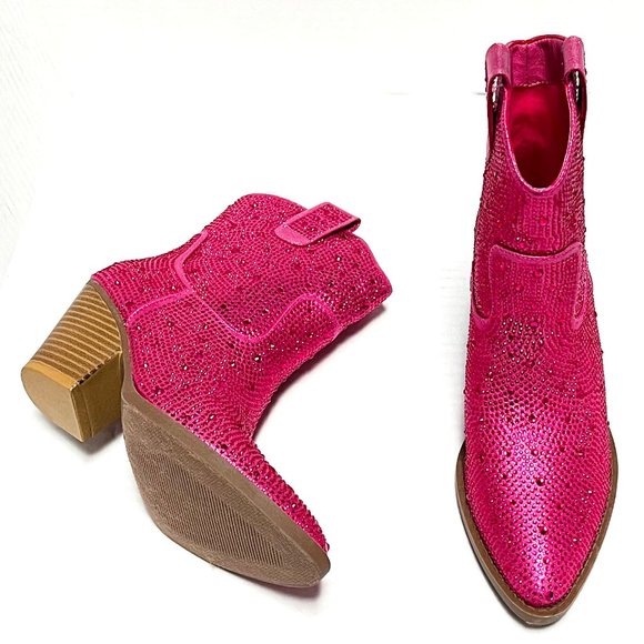 Women Fuchsia Hot Pink Rhinestone Cowboy Western Ankle Short Boots Booties - Picture 5 of 5